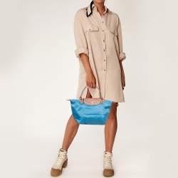 Longchamp Brown/Teal Blue Nylon and Leather Small Short Le Pliage Tote