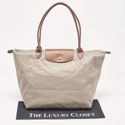 Longchamp Grey/Brown Nylon Large Le Pliage Tote
