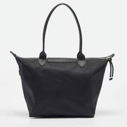 Longchamp Black Leather and Nylon Le Pliage Tote