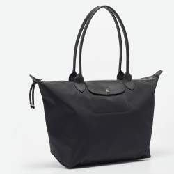 Longchamp Black Leather and Nylon Le Pliage Tote