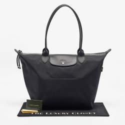Longchamp Black Leather and Nylon Le Pliage Tote