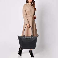 Longchamp Black Leather and Nylon Le Pliage Tote