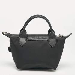 Pre Owned Longchamp Black Leather and Nylon Le Pliage Crossbody Bag