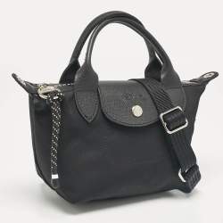 Pre Owned Longchamp Black Leather and Nylon Le Pliage Crossbody Bag