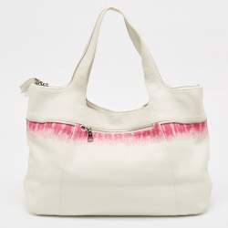 Pre Owned Longchamp White/Fuchsia Leather Zip Details Tote