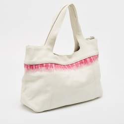 Pre Owned Longchamp White/Fuchsia Leather Zip Details Tote