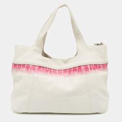 Pre Owned Longchamp White/Fuchsia Leather Zip Details Tote