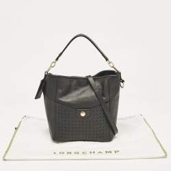 Longchamp Black Leather Perforated Mademoiselle Bucket Bag