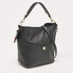 Longchamp Black Leather Perforated Mademoiselle Bucket Bag