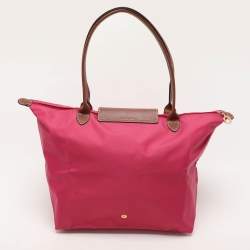 Longchamp Pink/Brown Nylon and Leather Large Le Pliage Tote