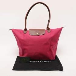 Longchamp Pink/Brown Nylon and Leather Large Le Pliage Tote
