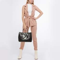 Longchamp Black Croc Embossed Leather Roseau Tote
