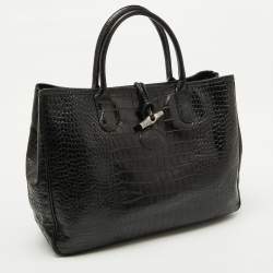 Longchamp Black Croc Embossed Leather Roseau Tote