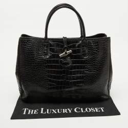 Longchamp Black Croc Embossed Leather Roseau Tote