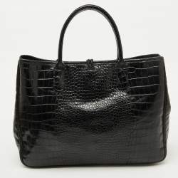 Longchamp Black Croc Embossed Leather Roseau Tote