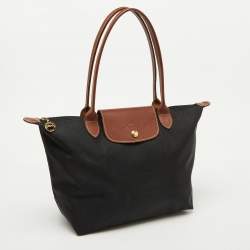 Longchamp Black/Brown Nylon and Leather S Le Pliage Tote