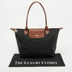 Longchamp Black/Brown Nylon and Leather S Le Pliage Tote