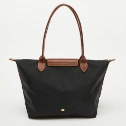 Longchamp Black/Brown Nylon and Leather S Le Pliage Tote