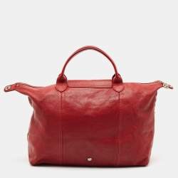 Pre Owned Longchamp Red Leather Le Pliage Cuir Tote