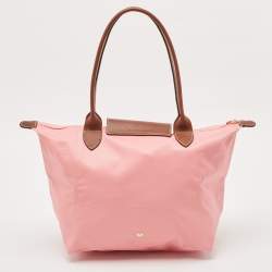 Pre Owned Longchamp Pink/Brown Nylon and Leather Le Pliage Tote