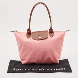 Pre Owned Longchamp Pink/Brown Nylon and Leather Le Pliage Tote