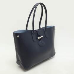Pre Owned Longchamp Navy Blue Leather Roseau Tote