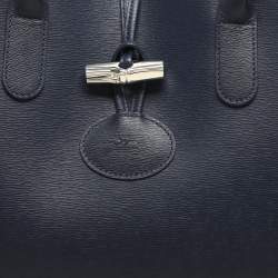 Pre Owned Longchamp Navy Blue Leather Roseau Tote