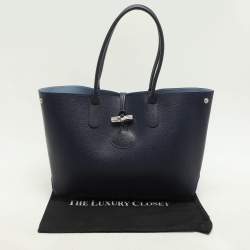 Pre Owned Longchamp Navy Blue Leather Roseau Tote