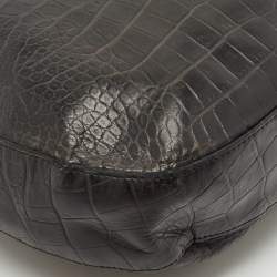 Longchamp Black Croc Embossed Leather Le Roseau Messenger Bag