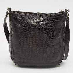 Longchamp Black Croc Embossed Leather Le Roseau Messenger Bag