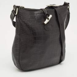 Longchamp Black Croc Embossed Leather Le Roseau Messenger Bag