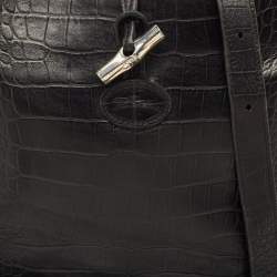 Longchamp Black Croc Embossed Leather Le Roseau Messenger Bag