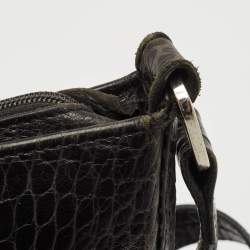 Longchamp Black Croc Embossed Leather Le Roseau Messenger Bag