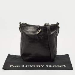 Longchamp Black Croc Embossed Leather Le Roseau Messenger Bag