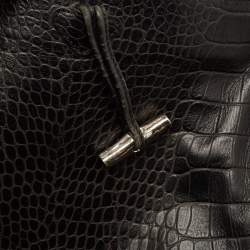 Longchamp Black Croc Embossed Leather Le Roseau Messenger Bag