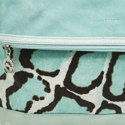 Longchamp Turquoise Calf Hair Leopard Print and Mix Leather Fold Over Clutch