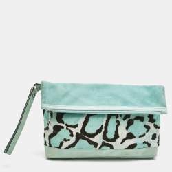 Longchamp Turquoise Calf Hair Leopard Print and Mix Leather Fold Over Clutch