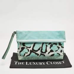 Longchamp Turquoise Calf Hair Leopard Print and Mix Leather Fold Over Clutch