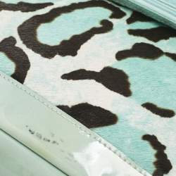 Longchamp Turquoise Calf Hair Leopard Print and Mix Leather Fold Over Clutch