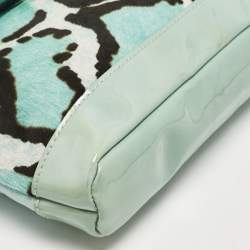 Longchamp Turquoise Calf Hair Leopard Print and Mix Leather Fold Over Clutch