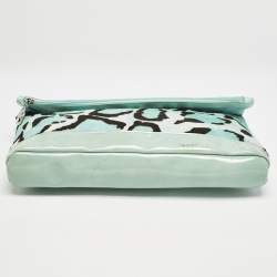 Longchamp Turquoise Calf Hair Leopard Print and Mix Leather Fold Over Clutch