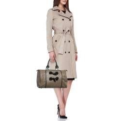 Longchamp Beige/Black Leather Tie Applique Satchel