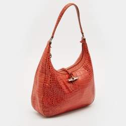 Pre Owned Longchamp Burnt Orange Croc Embossed Leather Roseau Shoulder Bag