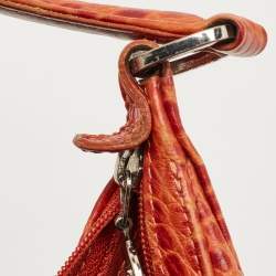 Pre Owned Longchamp Burnt Orange Croc Embossed Leather Roseau Shoulder Bag