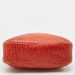 Pre Owned Longchamp Burnt Orange Croc Embossed Leather Roseau Shoulder Bag