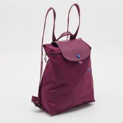 Longchamp Purple Leather and Nylon Flap Backpack