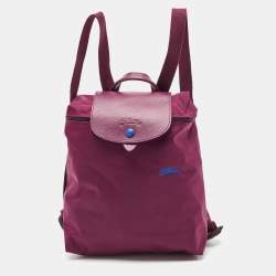 Longchamp Purple Leather and Nylon Flap Backpack