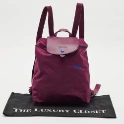 Longchamp Purple Leather and Nylon Flap Backpack