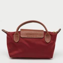 Longchamp Dark Red/Brown Nylon and Leather Le Pliage Handle Pouch