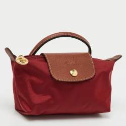 Longchamp Dark Red/Brown Nylon and Leather Le Pliage Handle Pouch